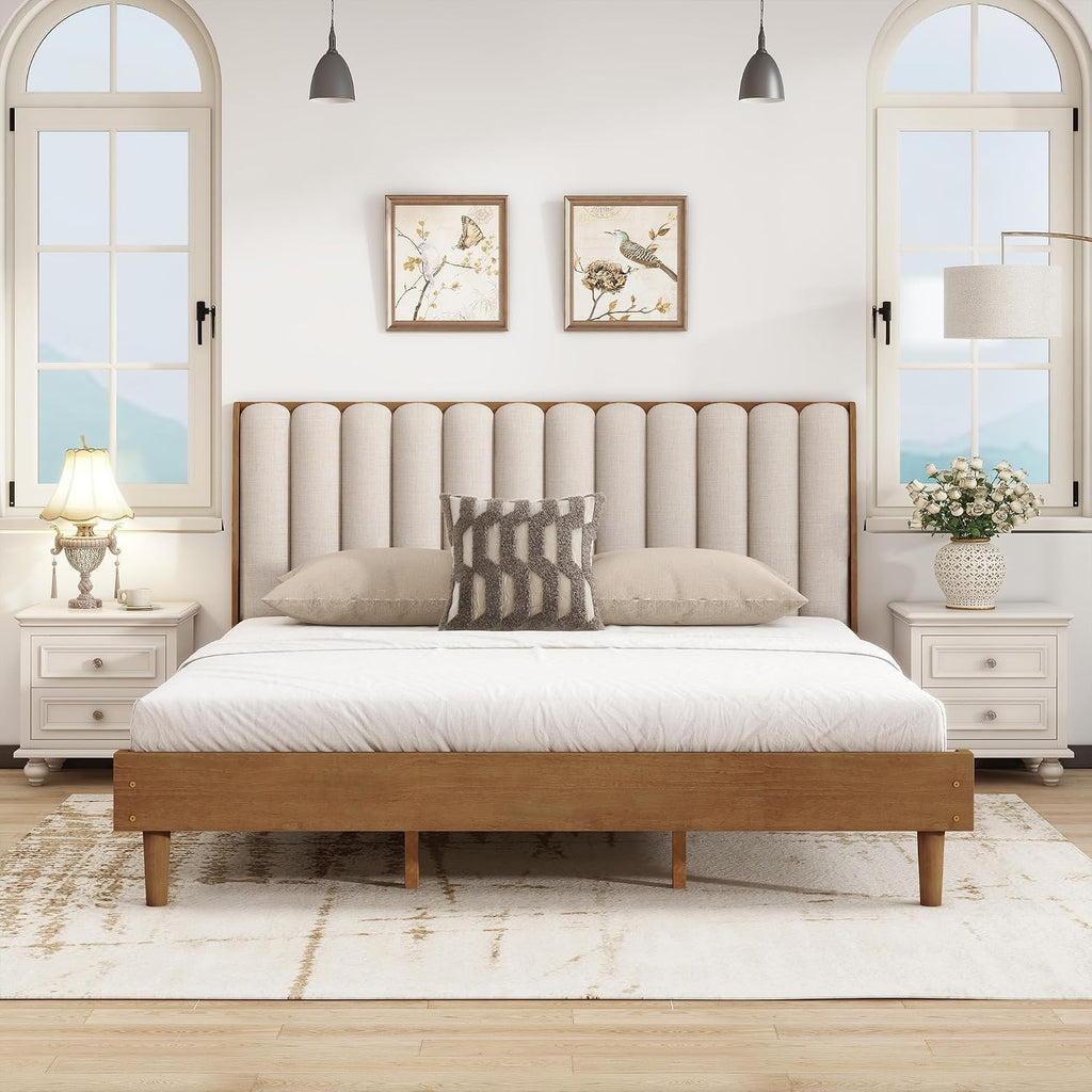 JIVOIT King Size Platform Bed with Piano Key Style Upholstered Headboard, Wood Bed with Strengthened Bed Frame, Wood Slats Support, No Box Spring Needed
