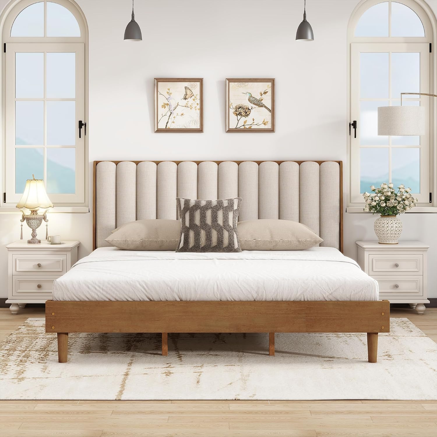 JIVOIT King Size Platform Bed with Piano Key Style Upholstered Headboard, Wood Bed with Strengthened Bed Frame, Wood Slats Support, No Box Spring Needed