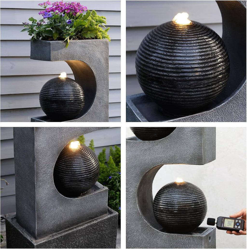 46''Tall Outdoor Water Fountain Water Garden Zen Fountains Indoor with Led Lights,Modern Sphere Curve for Garden Patio Yard Deck Home Decor Lawn Porch House