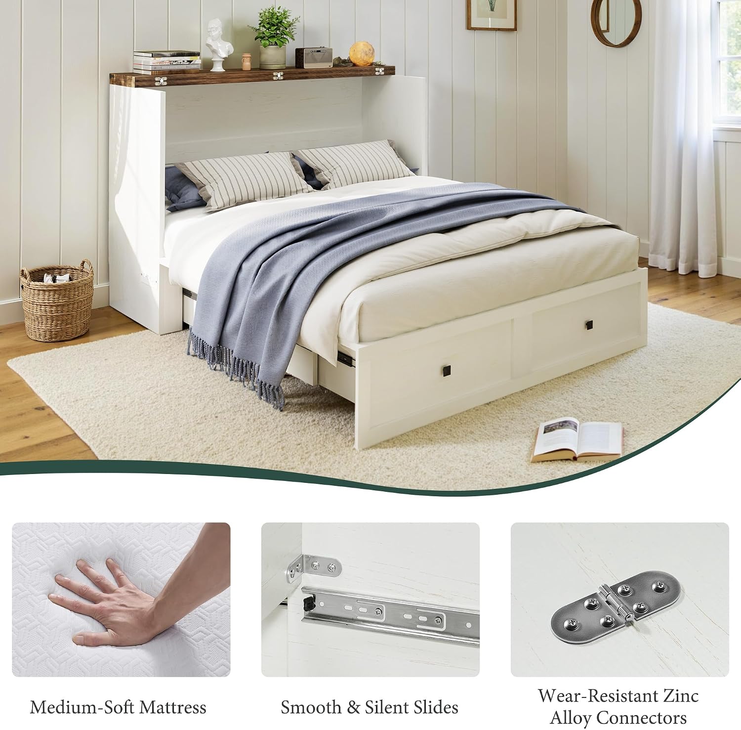 LUXOAK Queen Murphy Bed with 6' Tri-Fold Memory Foam Mattress, Storage Drawer & Charging Station, Space-Saving Design for Home Office or Guest Room, White