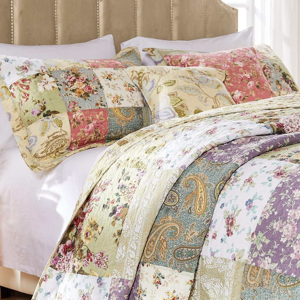 Greenland Home Blooming Prairie 100% Cotton Authentic Patchwork Reversible Quilt Set, 5-Piece King/Cal King