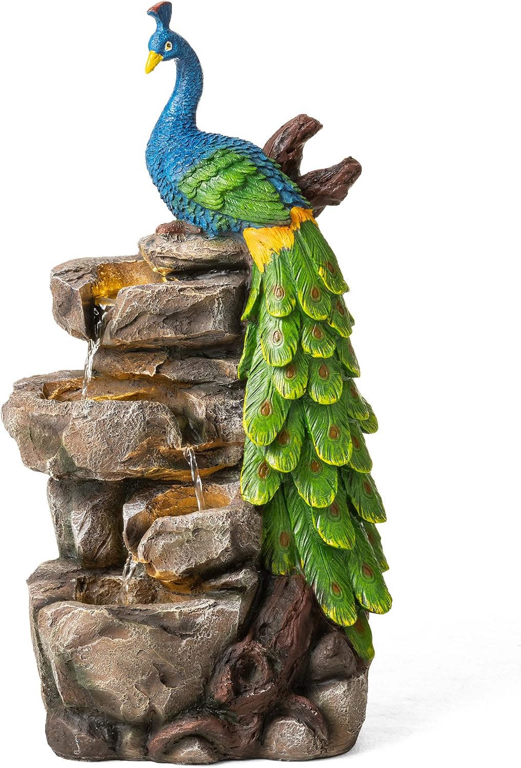 Glitzhome Outdoor Water Fountain with Lights, 4-Tierd Peacock W/Stacked Stone Outdoor Fountain, 20.5' H Polyresin Decorative Waterfall Feature Garden Fountain with Pump for Garden, Patio, Porch