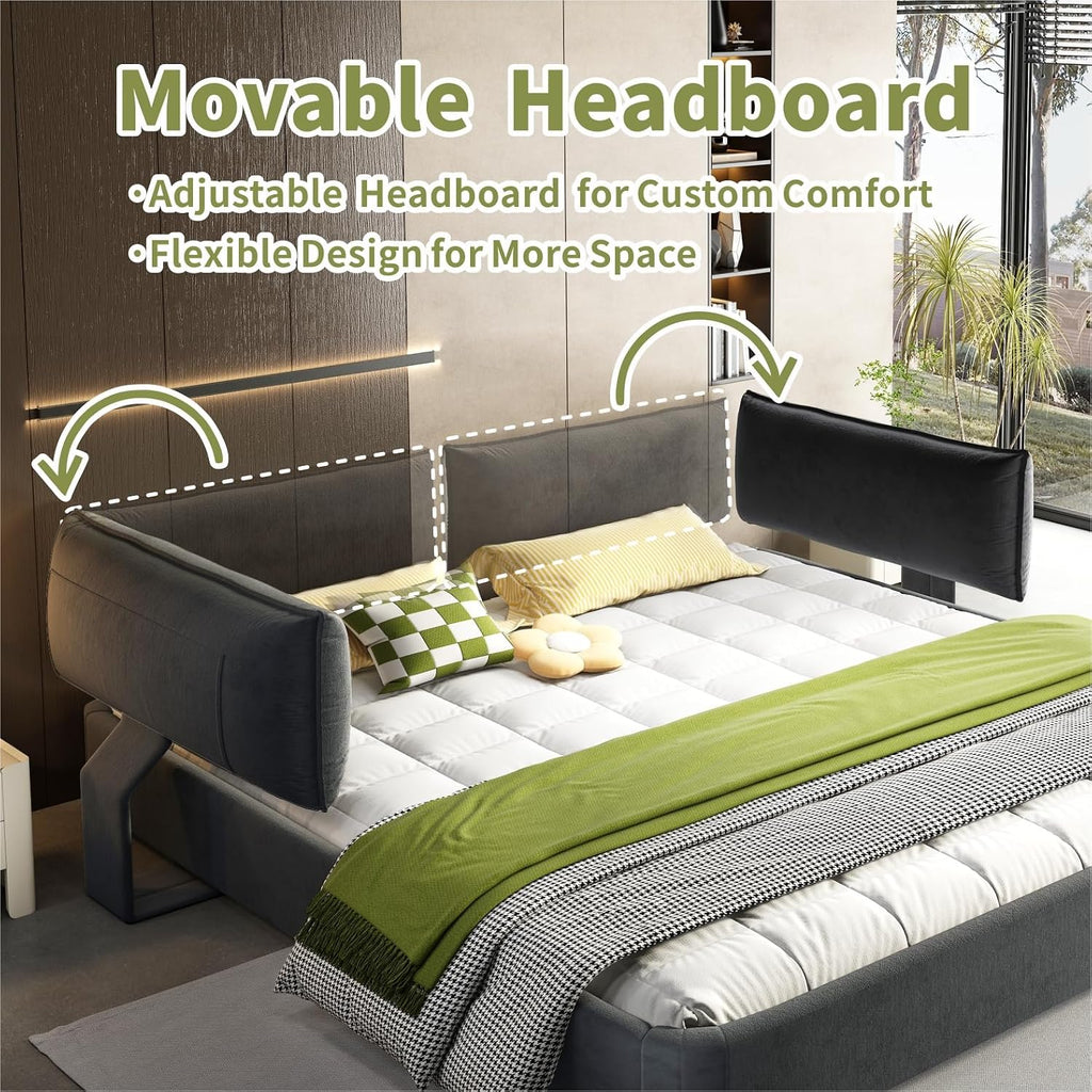 King Size Upholstered Platform Bed, Chenille Cloud Bed Frame with Oversized Padded Movable Headboard, Round Corner, Metal + Solid Wooden Slat Double Support, No Box Spring Needed (Dark Grey-65)
