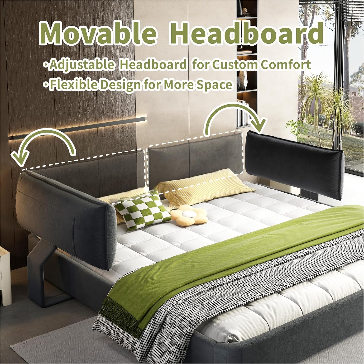 King Size Upholstered Platform Bed, Chenille Cloud Bed Frame with Oversized Padded Movable Headboard, Round Corner, Metal + Solid Wooden Slat Double Support, No Box Spring Needed (Dark Grey-65)