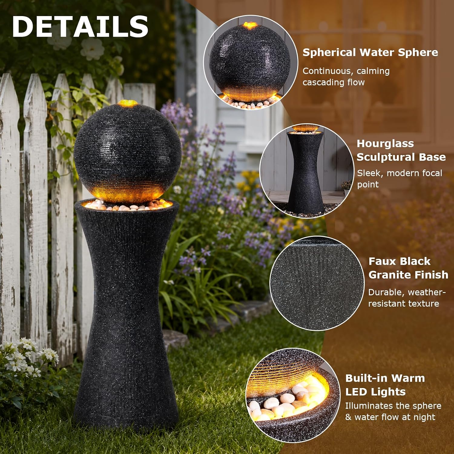 41.73' Tall Sphere Outdoor Water Fountain with LED Light, Modern Black Polyresin Sphere Floor Fountain Outdoor Water Feature with Curved Pedestal for Garden, Patio, Backyard, Porch and Home Art Decor