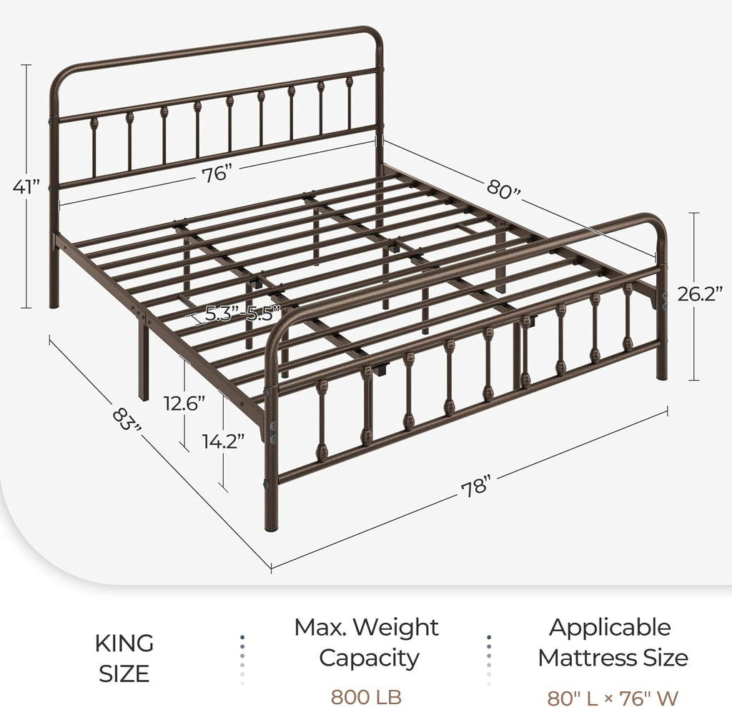 Topeakmart King Size Victorian Style Metal Bed Frame with Headboard/Mattress Foundation/No Box Spring Needed/Under Bed Storage/Strong Slat Support Bronze