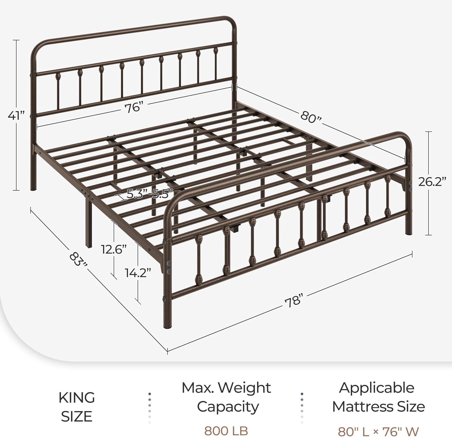 Topeakmart King Size Victorian Style Metal Bed Frame with Headboard/Mattress Foundation/No Box Spring Needed/Under Bed Storage/Strong Slat Support Bronze