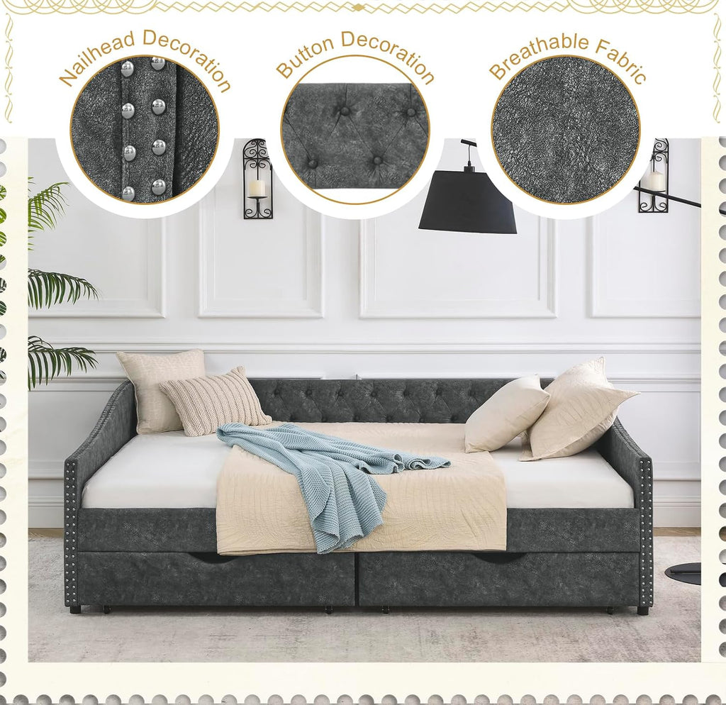Wood Queen Size Daybed, Day Bed Frame with 2 Storage Drawers, Upholstered Bed Frame Queen Sofa Bed with Button and Nailhead Design for Bedroom Guest Room, No Box Spring Needed, Grey