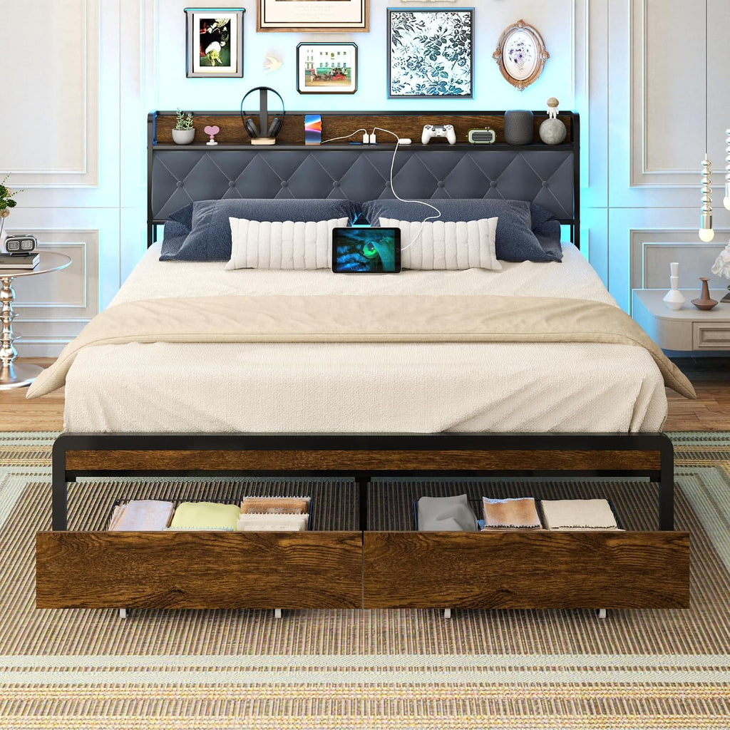 Sismplly Queen Size Metal Platform Bed Frame with 2 Storage Drawers & LED Light, Upholstered Headboard with Charging Station, No Box Spring Needed, Brown Wood Panel