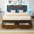 Sismplly Queen Size Metal Platform Bed Frame with 2 Storage Drawers & LED Light, Upholstered Headboard with Charging Station, No Box Spring Needed, Brown Wood Panel