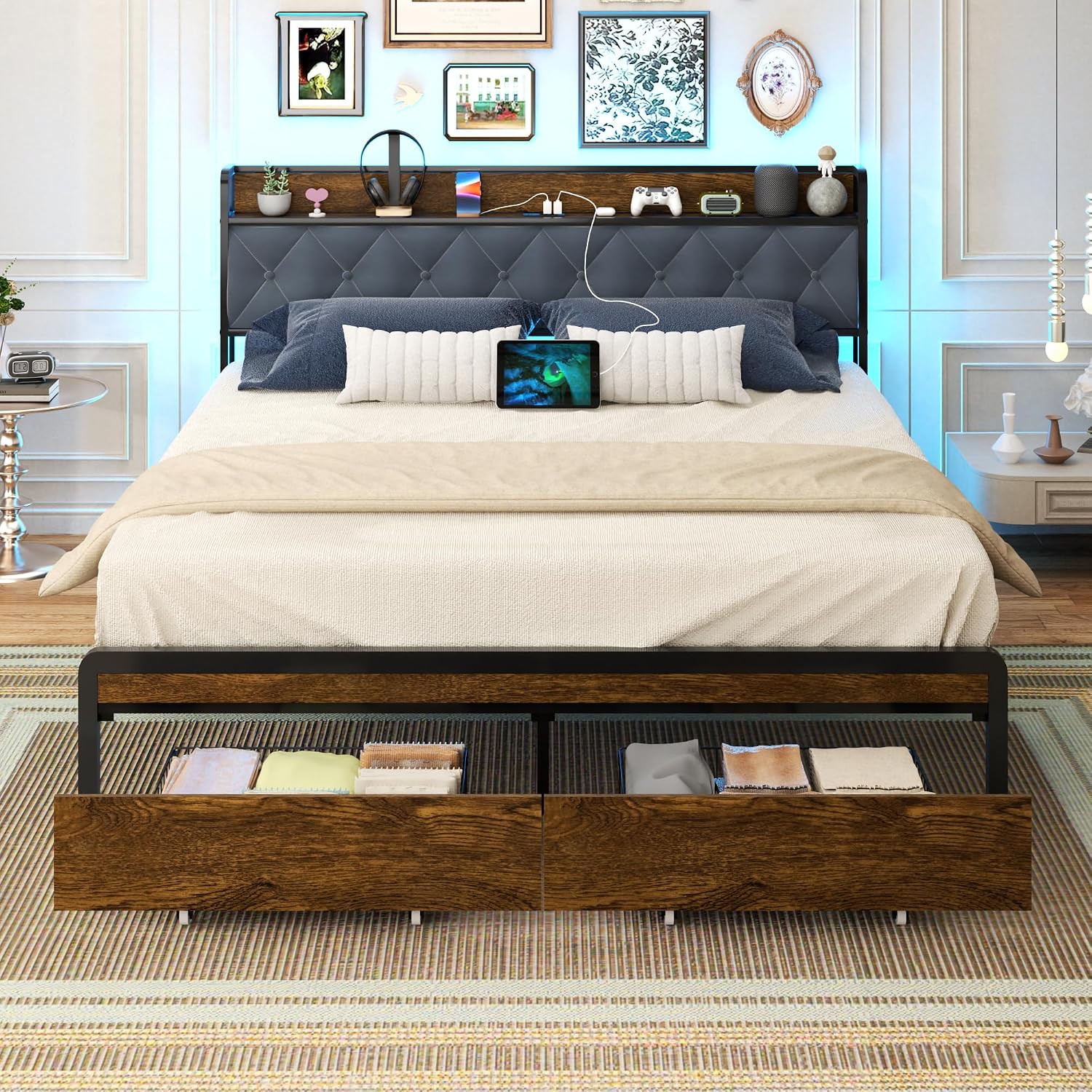 Sismplly Queen Size Metal Platform Bed Frame with 2 Storage Drawers & LED Light, Upholstered Headboard with Charging Station, No Box Spring Needed, Brown Wood Panel