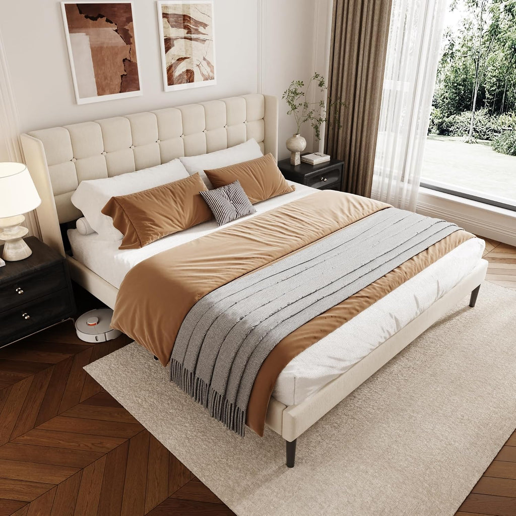King Size Bed Frame with Wingback Headboard, Velvet Upholstered Platform Bed Frame with Button Tufted Headboard, Wooden Slats Support, No Box Spring Needed, Noise Free, Easy Assembly, Beige