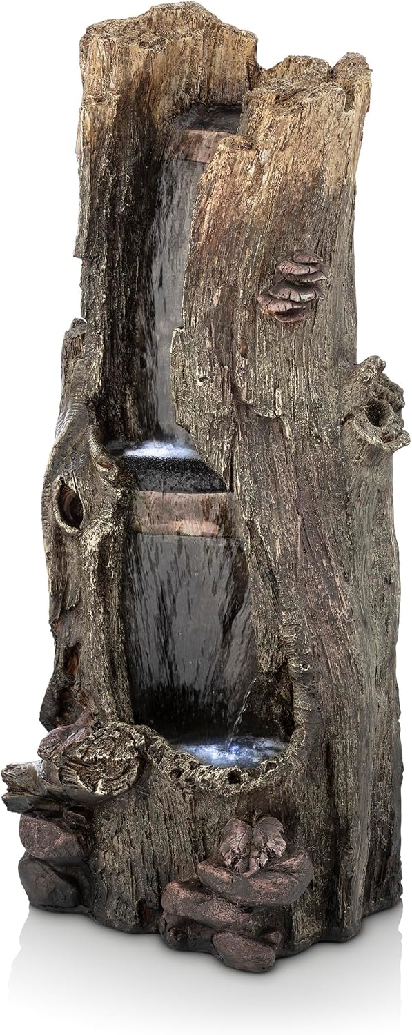 Alpine Corporation WIN258 Outdoor Rainforest Waterfall Tree Trunk Floor Fountain with LED Lights, Tiered Garden Decor, 41' H, Brown