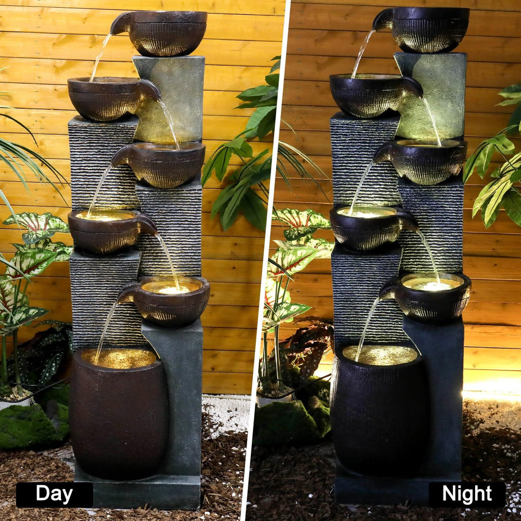 SunJet 6-Tiers Indoor/Outdoor Garden Water Fountain - 53.5inches Modern Floor-Standing Cascading Water Feature - Suitable for Deck, Patio, Porch, Yard Decor