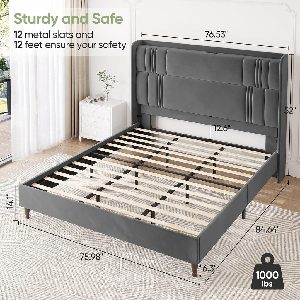 King Size Bed Frame and Tall Headboard, 52' Upholstered Platform Bed Frame with Charging Station, Luxury Velvet Bed Frames/Curved Wingback Headboard, No Box Spring Needed, Easy Assembly, Dark Grey