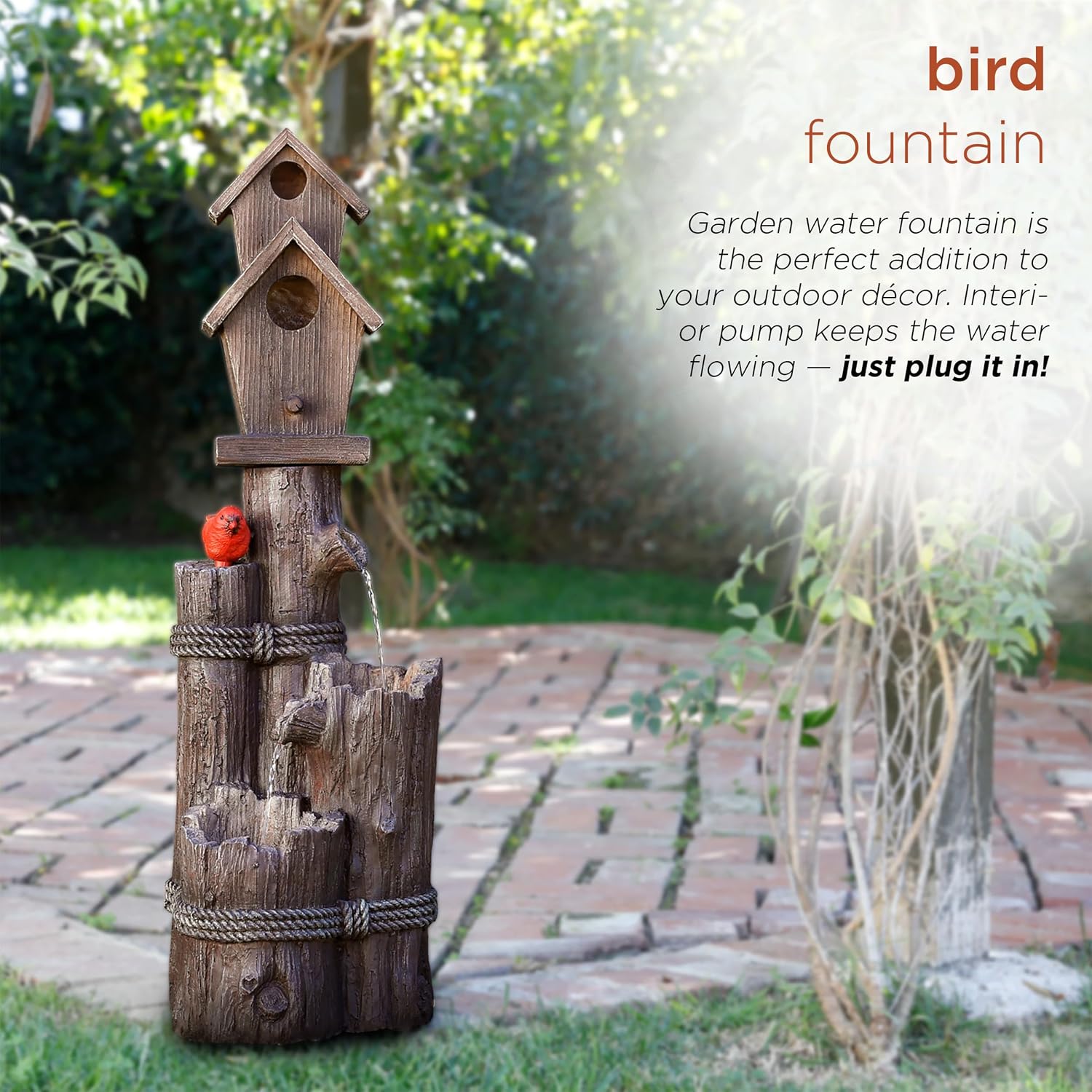 Alpine Corporation 35' Tall Outdoor 3-Tier Birdhouse Water Fountain with Cardinal Accent, Rustic Floor Decor for Garden and Patio, Brown