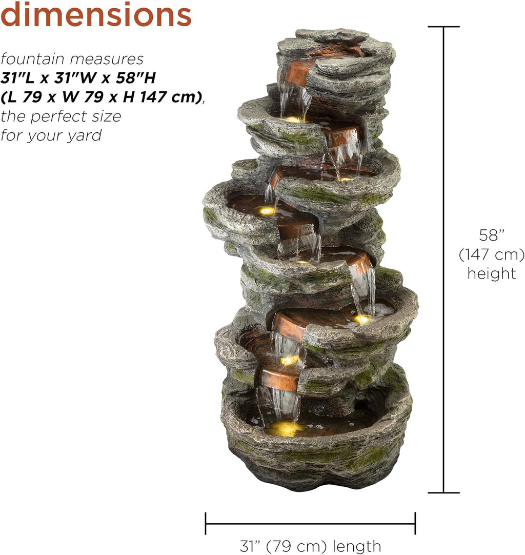 Alpine Corporation WIN1146 Outdoor Floor Cascading 8 Tiered Rock Garden Water Fountain with LED Lights, 58', Gray
