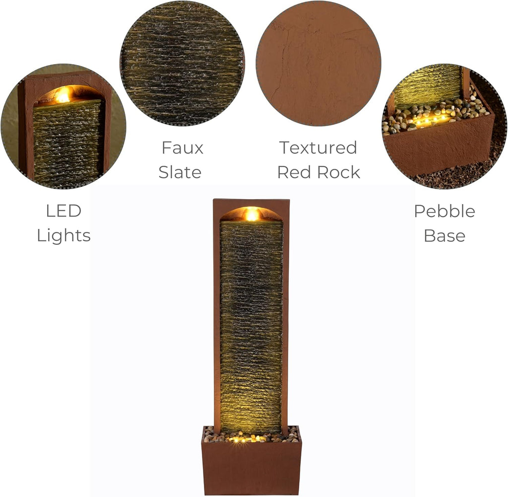 Teamson Home 38.5' Faux Slate Contemporary Outdoor LED Waterfall Fountain with Pebble Base, Red Rock