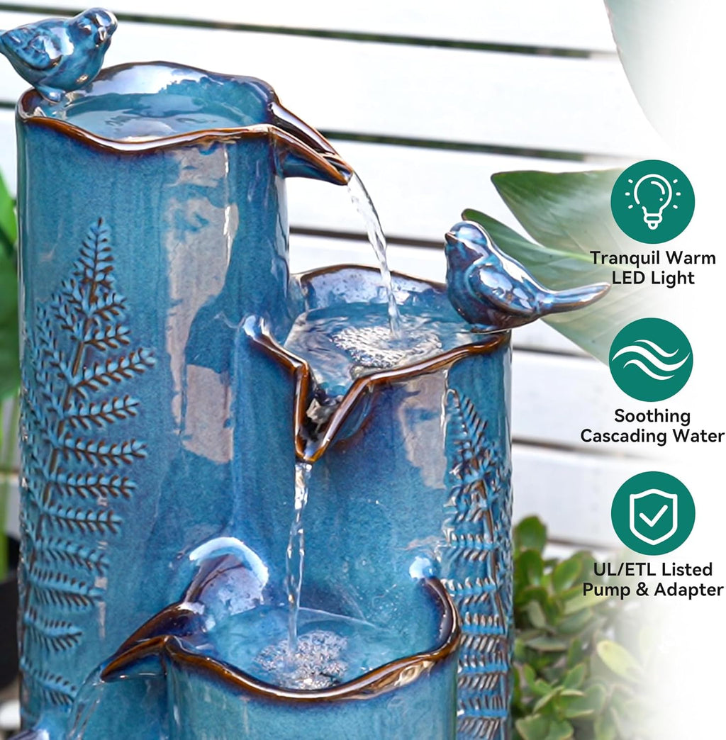 32' Outdoor Water Fountain, Ceramic Outdoor Fountain, Stacked 4-Tier Vase Waterfalls for Garden, Patio, Yard, or Porch Decor, Creating Relaxing Serene Oasis, Embossed Leaf Pattern, Turquoise