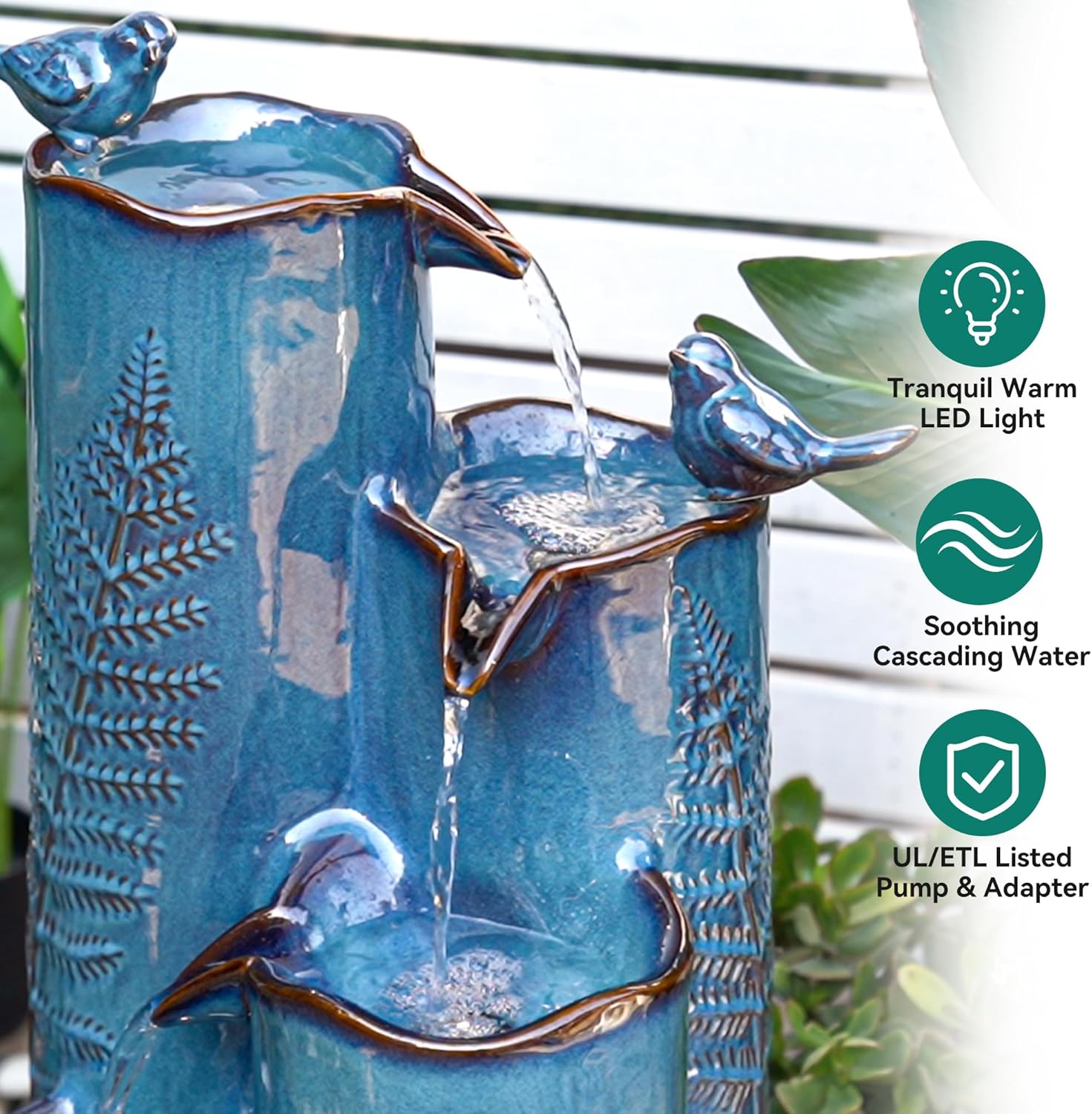 32' Outdoor Water Fountain, Ceramic Outdoor Fountain, Stacked 4-Tier Vase Waterfalls for Garden, Patio, Yard, or Porch Decor, Creating Relaxing Serene Oasis, Embossed Leaf Pattern, Turquoise