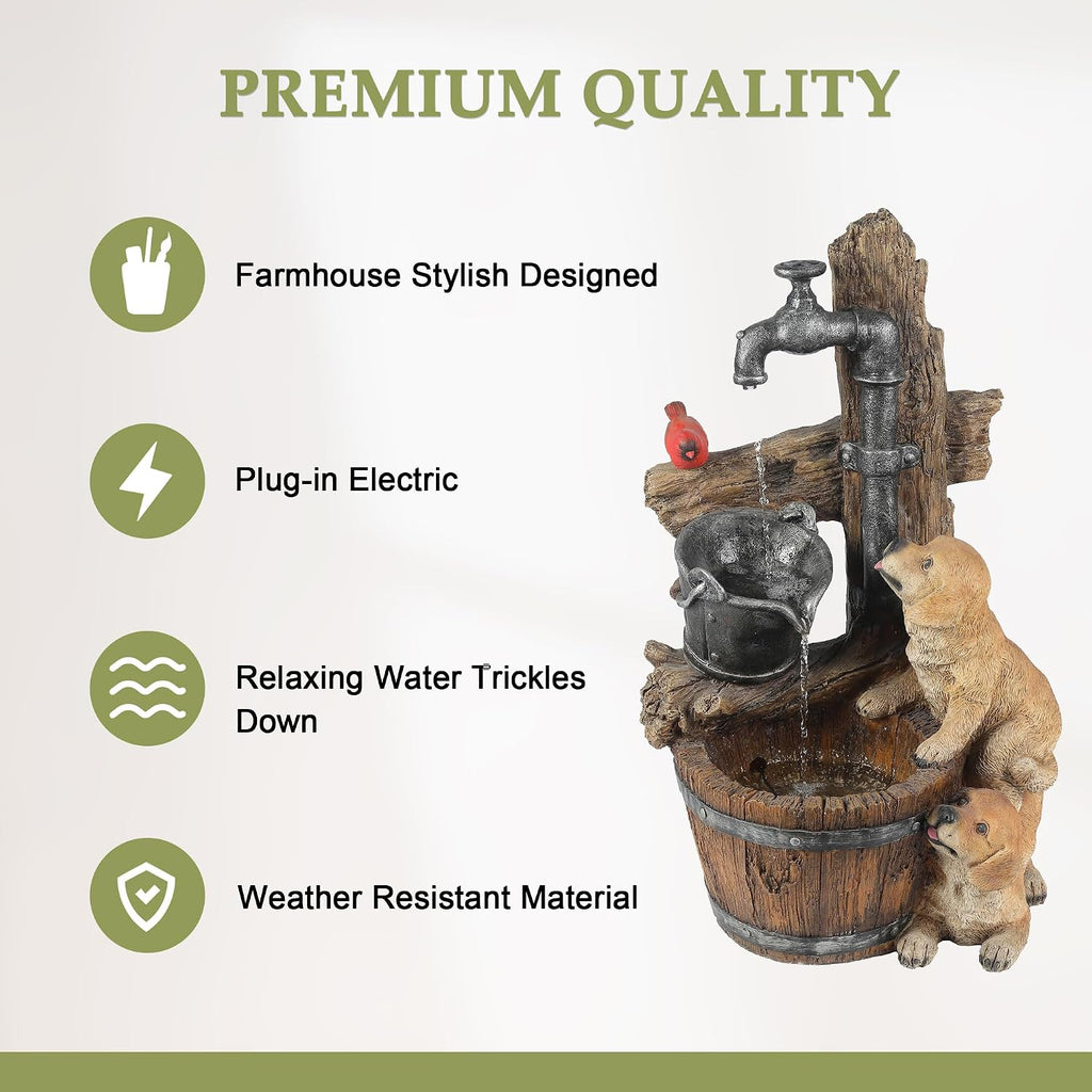 LuxenHome Water Fountain Outdoor, 30' Rustic Outdoor Water Fountain with LED Lights, Rustic Barrel Puppy and Pump Water Feature Outdoor, Garden Fountains Outdoor Patio, Porch, or Indoor Entryway