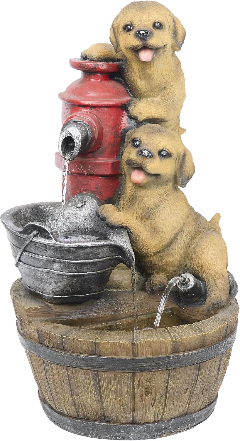 Alpine Corporation GXT986 26' Tall Outdoor Barrel Fountain with Playful Puppies, Cascading Garden Water Feature for Patio, Lawn, or Yard Decor, Brown