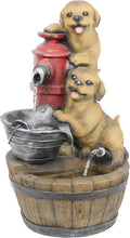 Alpine Corporation GXT986 26' Tall Outdoor Barrel Fountain with Playful Puppies, Cascading Garden Water Feature for Patio, Lawn, or Yard Decor, Brown