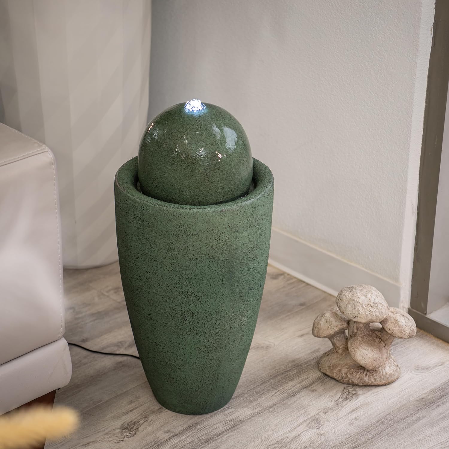 XBrand 25.98' Modern Sphere Water Fountain with LED Light – Indoor Outdoor Stone Texture Floor Fountain, Zen Bubbling Ball Water Feature for Garden Patio Porch - Green