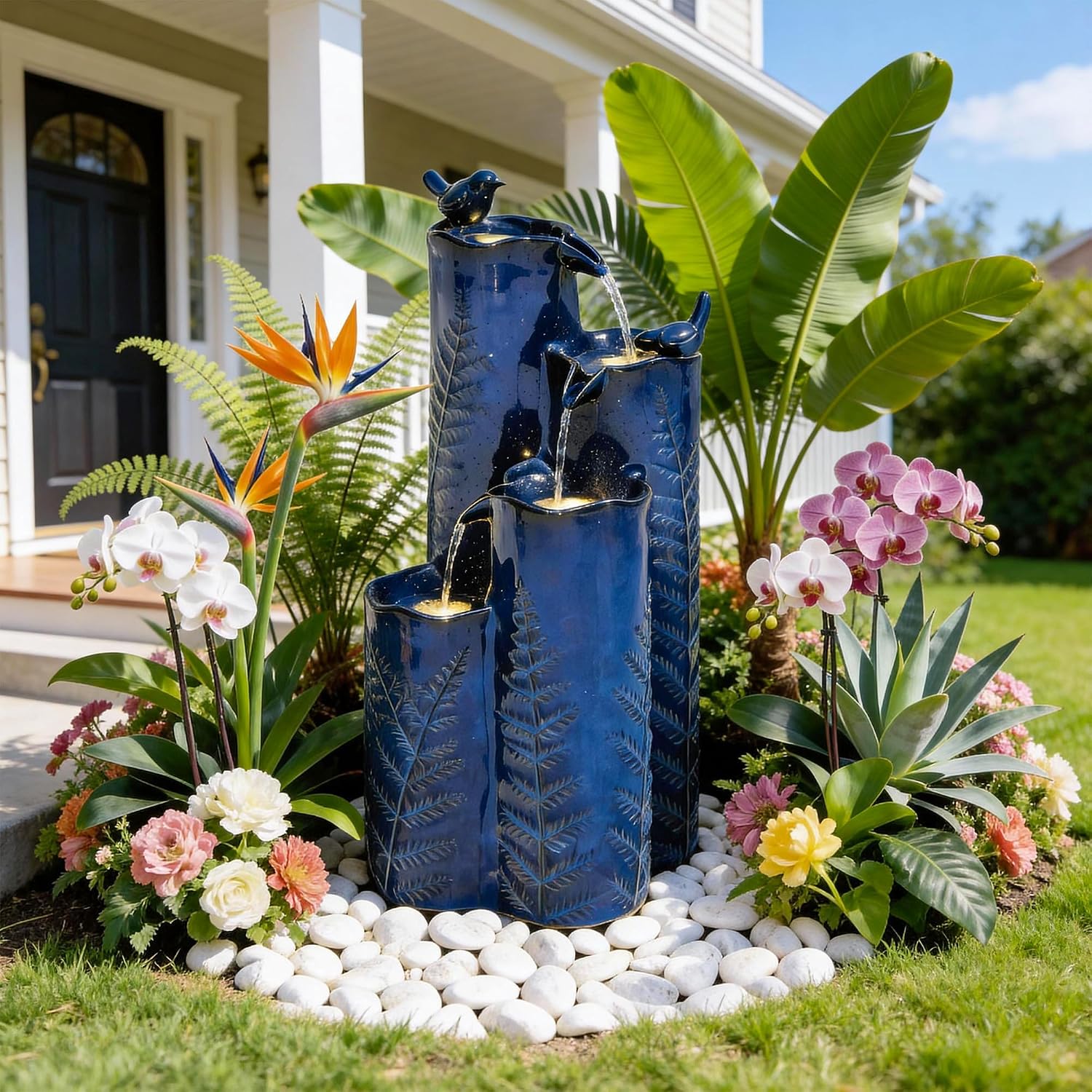 32' Outdoor Water Fountain, Ceramic Outdoor Fountain, Stacked 4-Tier Vase Waterfalls for Garden, Patio, Yard, or Porch Decor, Creating Relaxing Serene Oasis, Embossed Leaf Pattern, Cobalt Blue
