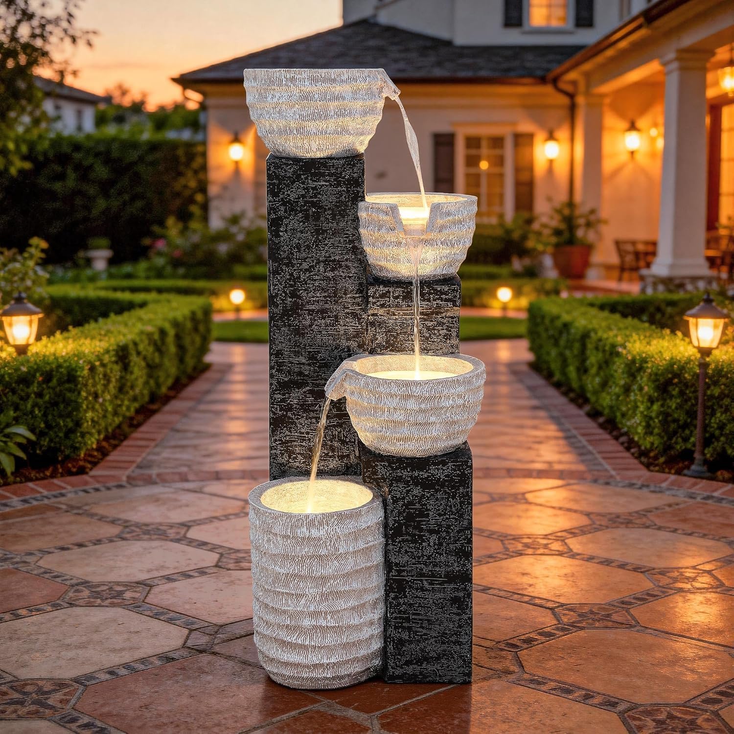 39.8' H Outdoor Water Fountain with LED Lights & Pump, Multilayer Cascading Polyresin Fountain, Sand-Textured Freestanding Garden Fountain for Tranquil Garden, Patio or Porch