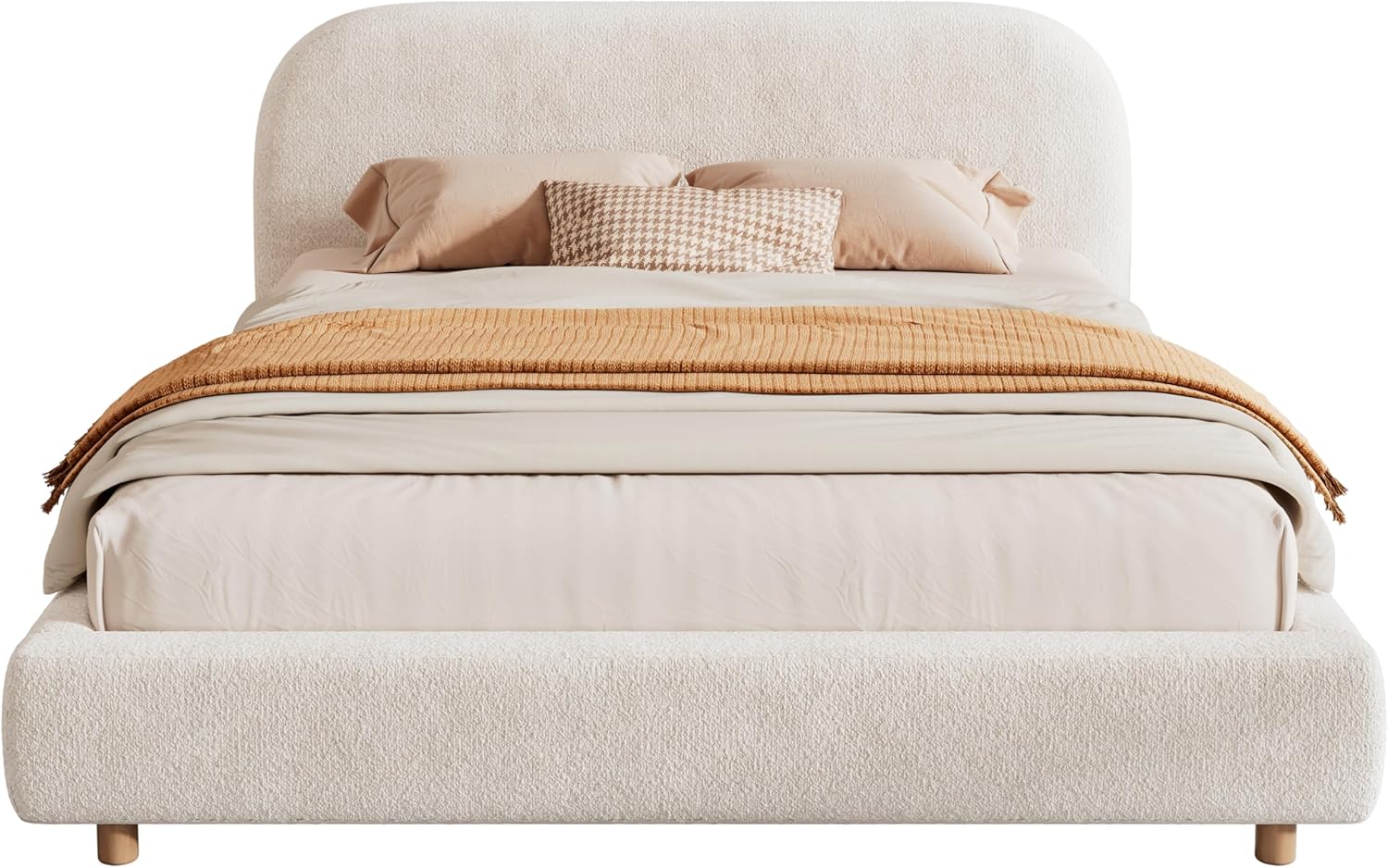 JIVOIT Queen Size Platform Bed with Curve-Shaped Design Headboard, Boucle Fabric Upholstered Platform Bed with Strong Support, Modern Bed Frame, No Box Spring Needed, Easy Assembly (White,Queen,8)