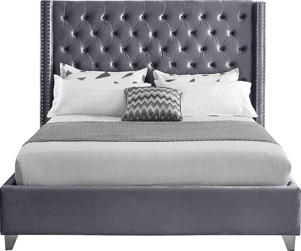 Meridian Furniture Aiden Collection Modern | Contemporary Velvet Upholstered Bed with Deep Button Tufting, Solid Wood Frame, and Custom Chrome Legs, King, Grey