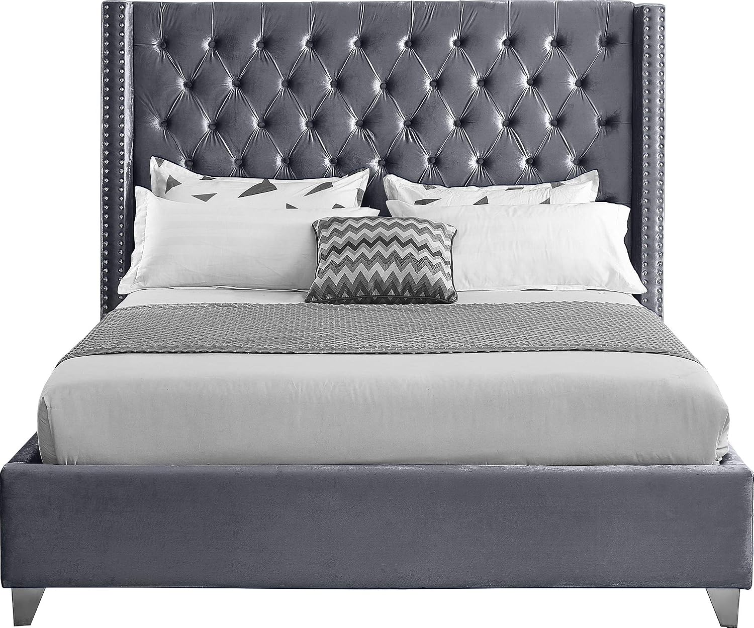 Meridian Furniture Aiden Collection Modern | Contemporary Velvet Upholstered Bed with Deep Button Tufting, Solid Wood Frame, and Custom Chrome Legs, King, Grey