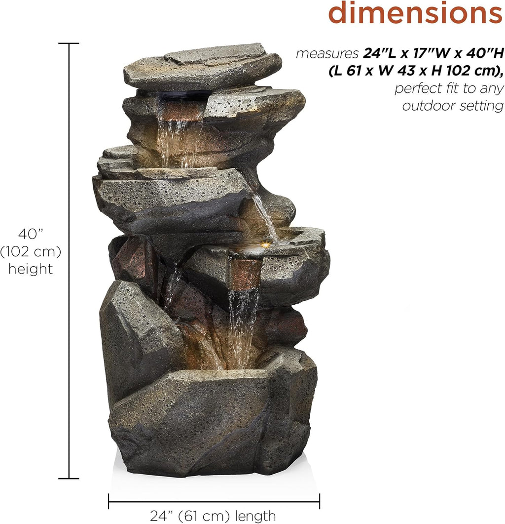 Alpine Corporation 40' Tall Outdoor Multitiered Rock Waterfall Floor Fountain with LED Lights, Natural Stone Look, Cascading Water Feature for Gardens, Patios, and Yards, Gray