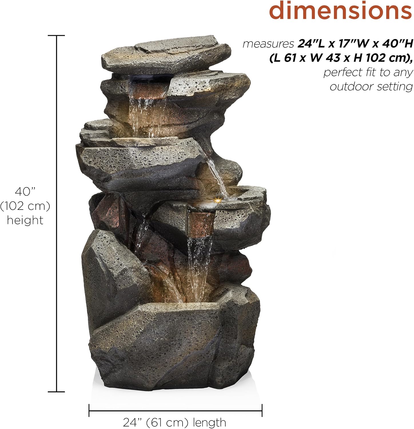 Alpine Corporation 40' Tall Outdoor Multitiered Rock Waterfall Floor Fountain with LED Lights, Natural Stone Look, Cascading Water Feature for Gardens, Patios, and Yards, Gray