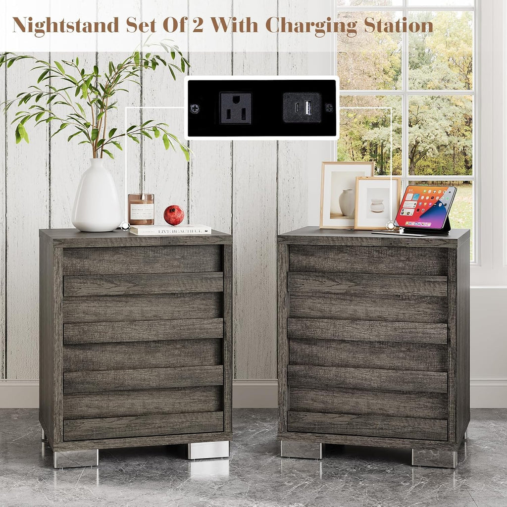 LUXOAK 3 Pcs Bedroom Furniture Set - Farmhouse 5 Drawer Dresser and Nightstand Sets of 2 with Charging Station, Slated Handles & Stainless Steel Feet, Rustic Grey