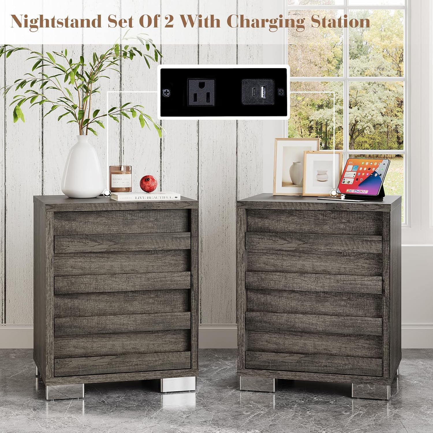 LUXOAK 3 Pcs Bedroom Furniture Set - Farmhouse 5 Drawer Dresser and Nightstand Sets of 2 with Charging Station, Slated Handles & Stainless Steel Feet, Rustic Grey