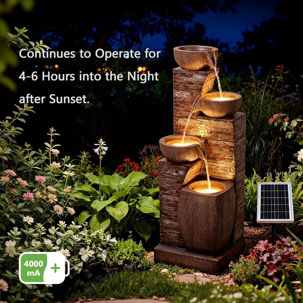 38.2' Tall Solar Water Fountain Outdoor Garden,Stone Texture Modern 4 Tiers Cascading Bowls Garden Fountains Outdoor,Suit for Patio, Deck, Porch, Lawns, Backyard and Home Art Decor