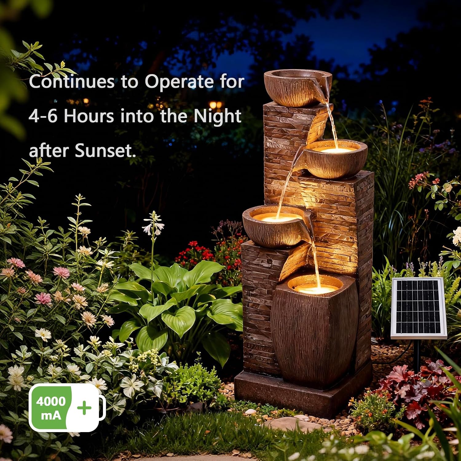 38.2' Tall Solar Water Fountain Outdoor Garden,Stone Texture Modern 4 Tiers Cascading Bowls Garden Fountains Outdoor,Suit for Patio, Deck, Porch, Lawns, Backyard and Home Art Decor