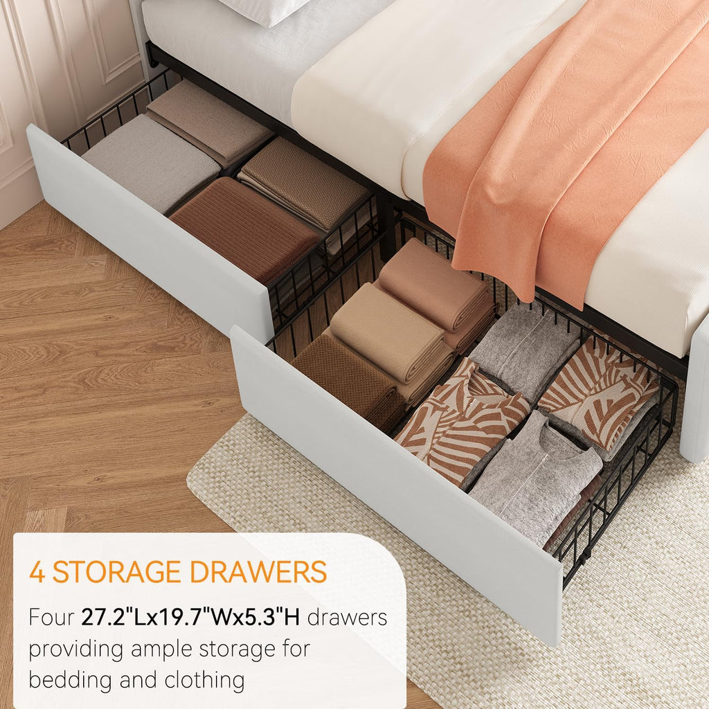 IDEALHOUSE Queen Size Bed Frame with 4 Storage Drawers and Headboard, Faux Leather Upholstered Platform Bed Frame with Wooden Slats Support, Button Tufted Design, No Box Spring Needed, Beige
