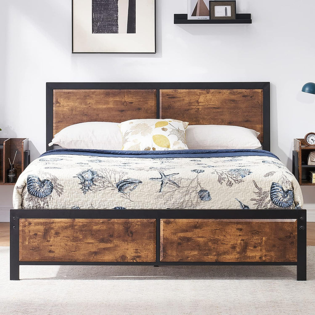 VECELO Queen Platform Bed Frame/Mattress Foundation with Rustic Vintage Wood Headboard, Strong Metal Slats Support, No Box Spring Needed