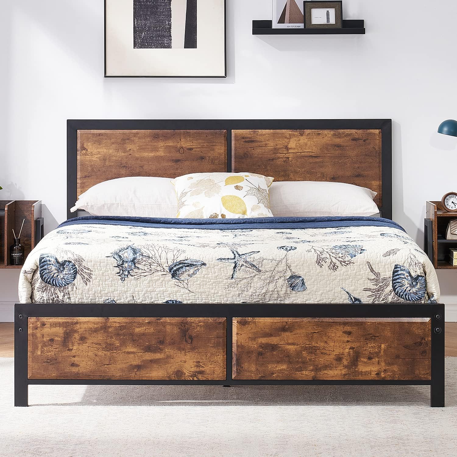 VECELO Queen Platform Bed Frame/Mattress Foundation with Rustic Vintage Wood Headboard, Strong Metal Slats Support, No Box Spring Needed