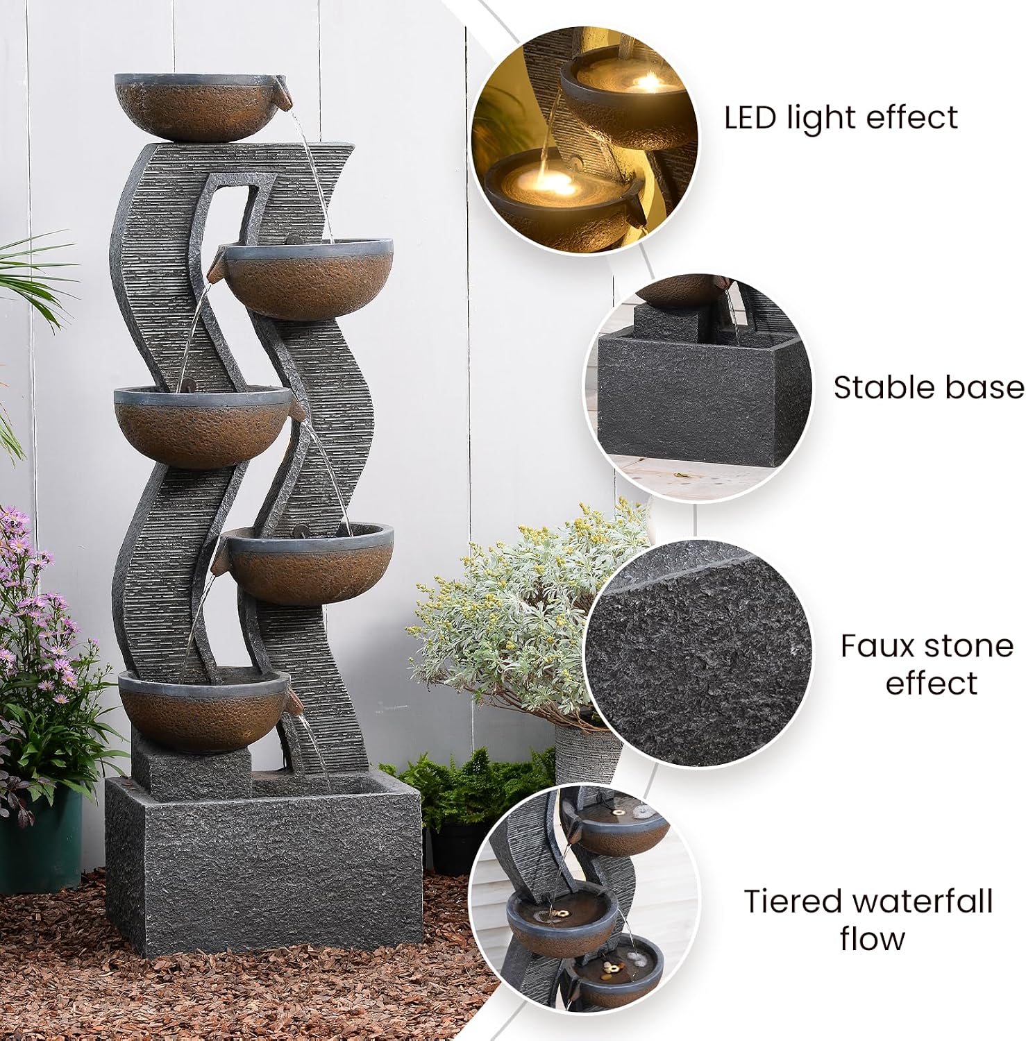 52.8' Tall Outdoor Water Fountain with Lights, 6-Tier Cascading Resin Waterfall Feature for Porch, Garden, Yard, Deck, Patio – Large Freestanding Outdoor Fountain and Waterfall Outside Decor