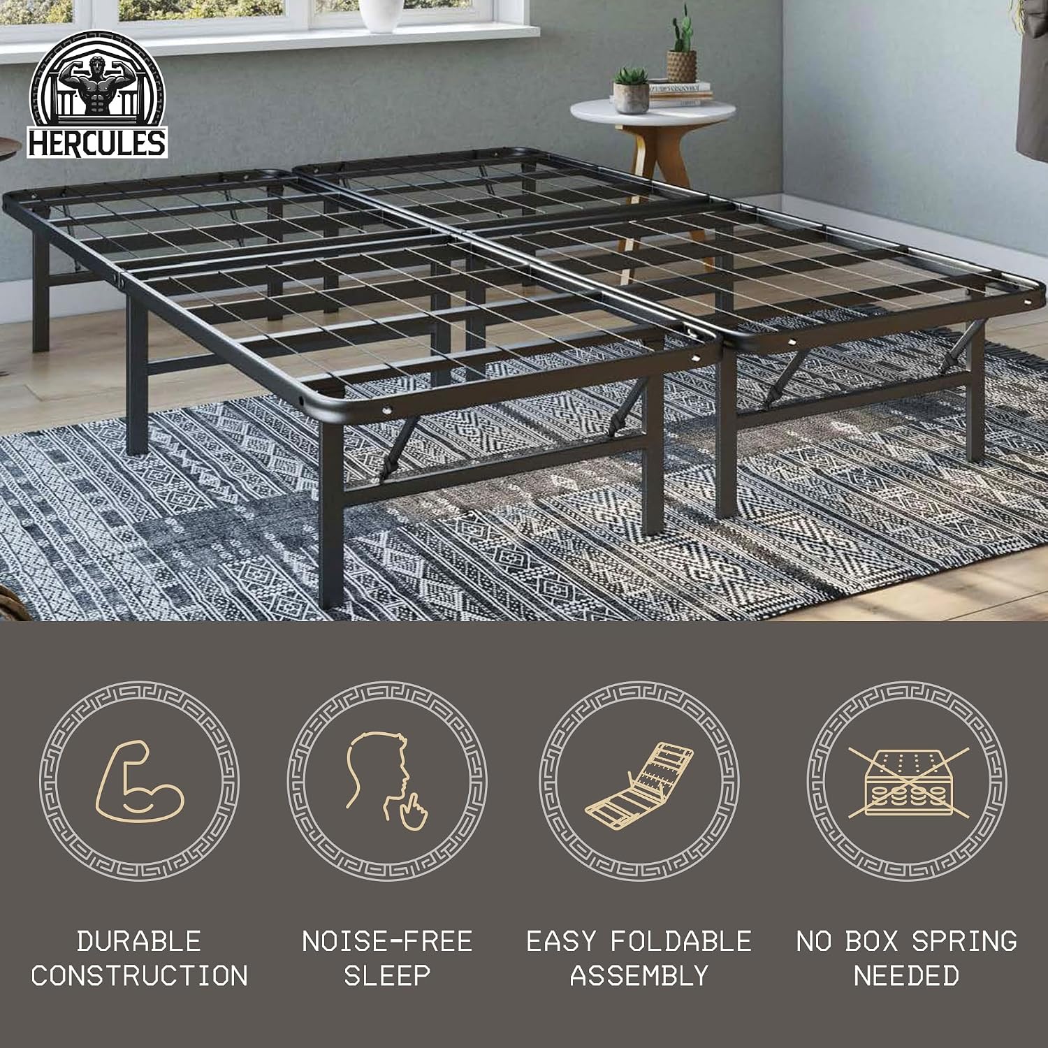 Hercules Folding Metal Bed Frame, 14' Platform Mattress Foundation, No Box Spring Needed, Queen