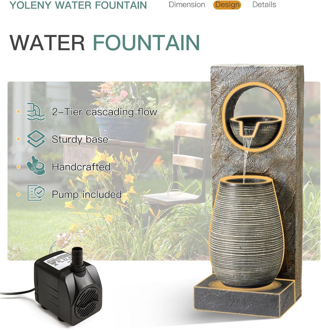 YOLENY Tall Outdoor Fountain with LED Lights, 39.7'' H Water Fountain Modern, Outdoor Freestanding Fountains for Garden Yard Home Decor