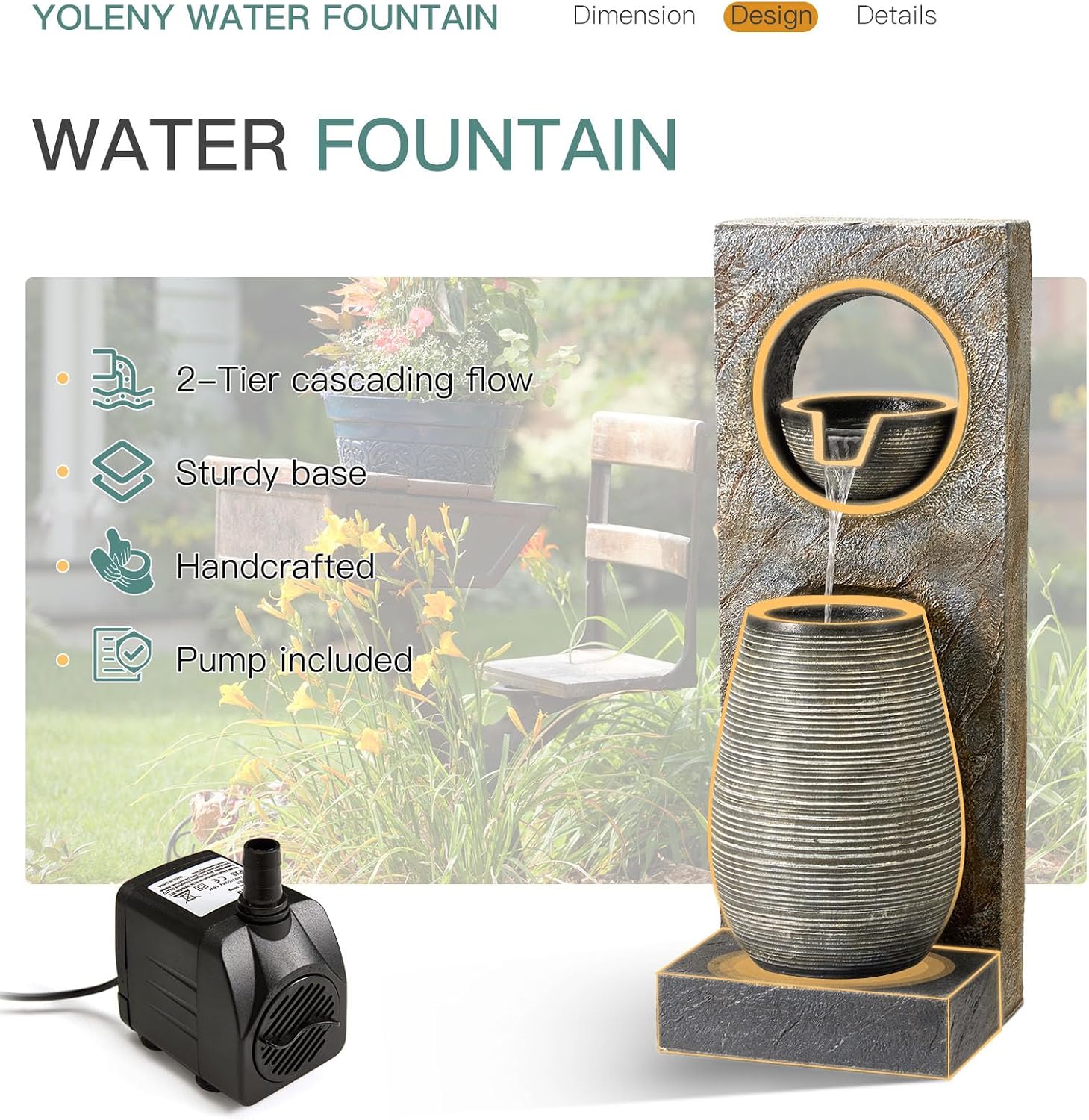 YOLENY Tall Outdoor Fountain with LED Lights, 39.7'' H Water Fountain Modern, Outdoor Freestanding Fountains for Garden Yard Home Decor