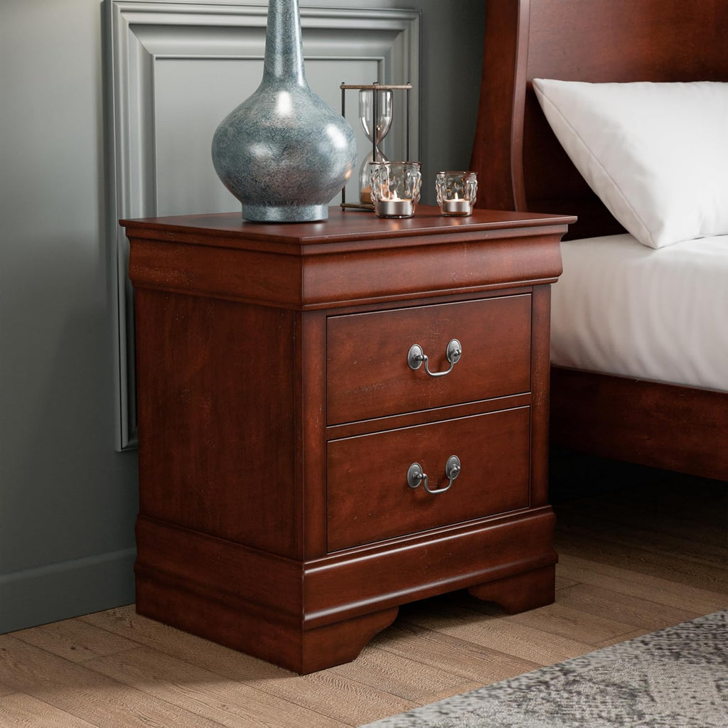 Furniture of America Arabella Traditional Solid Wood 3 Piece Bedroom Set, Queen Bed Frame and Nightstands Set of 2, Chic Sleigh Design Bedframe with Headboard and Footboard, Box Spring Needed, Cherry