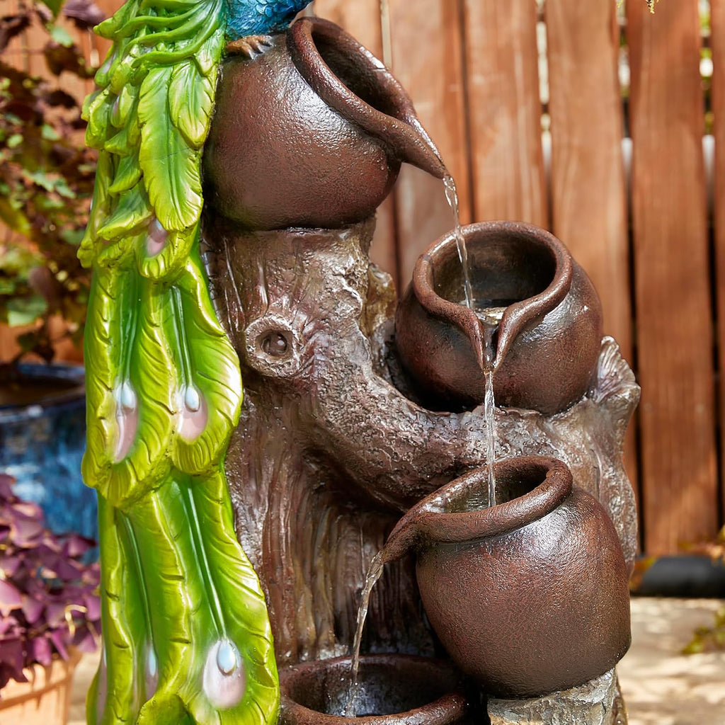 Glitzhome 4-Tier Peacock and Jars Outdoor Water Fountain with LED Light, 40'H Oversized Resin Peacock Sculpture Waterfall Fountain with Submersible Pump for Garden Patio Porch