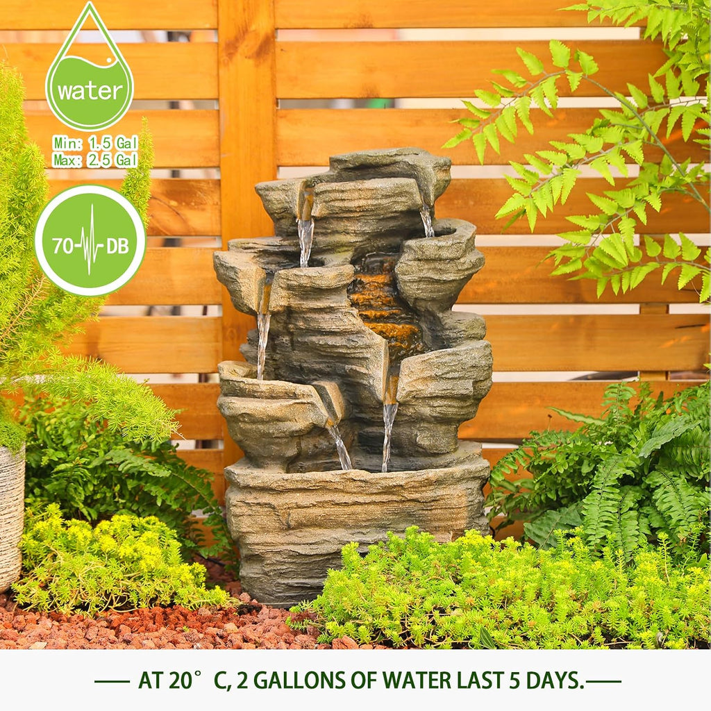 Bumilgar 6-Tier Cascading Rock Water Fountain Outdoor Garden Waterfall Decor for Garden, Patio, Backyard, Deck, Porch and Home Art Decor,24.4' H Outdoor Fountain with Lights