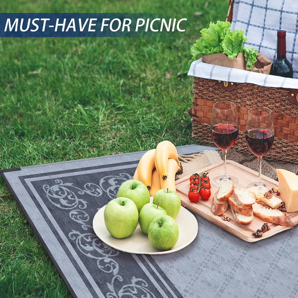 EEZ RV Products 9ft x 18ft Heavy Duty Reversible/Durable Outdoor Patio/RVing Camping Mats Come with Large Storage Bag & 6 Sets of Stakes and Washer, Vine Grey